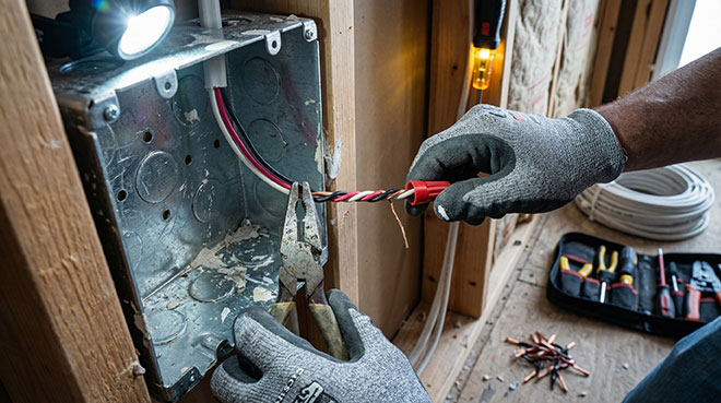 Residential Electrician in Grand Rapids Minnesota wiring a junction box.