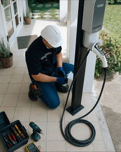 Electrician installing home EV charger on covered patio in Grand Rapids MN